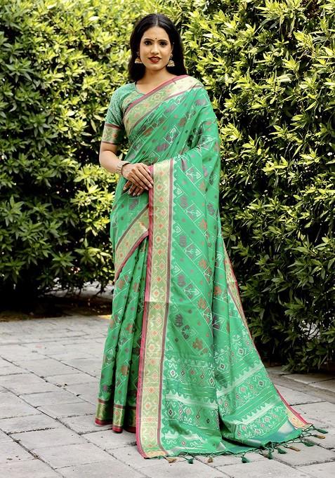 Green Woven Zari Pure Silk Patola Saree Set