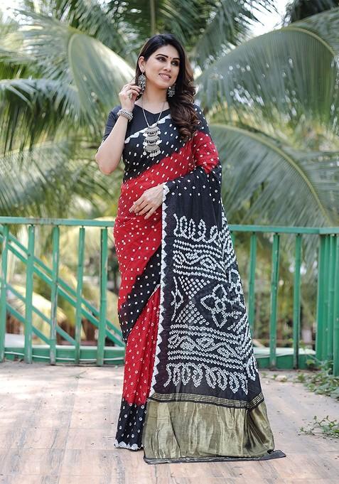 Black Pure Silk Bandhani Saree Set