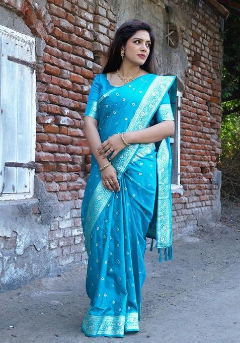 Blue Woven Zari Pure Kanjeevaram Silk Saree Set