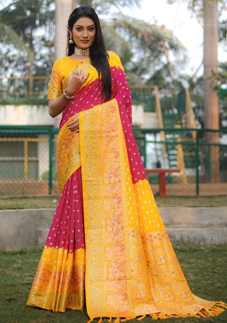 Pink Woven Zari Pure Silk Bandhani Saree Set