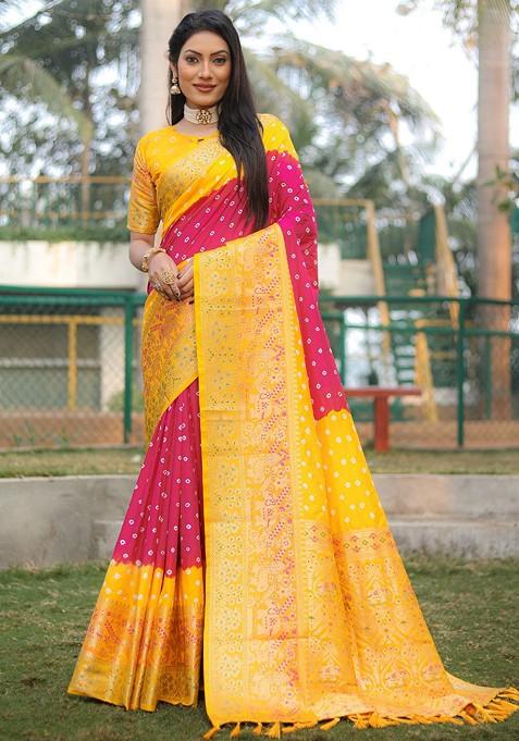 Pink Woven Zari Pure Silk Bandhani Saree Set