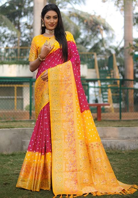 Pink Woven Zari Pure Silk Bandhani Saree Set