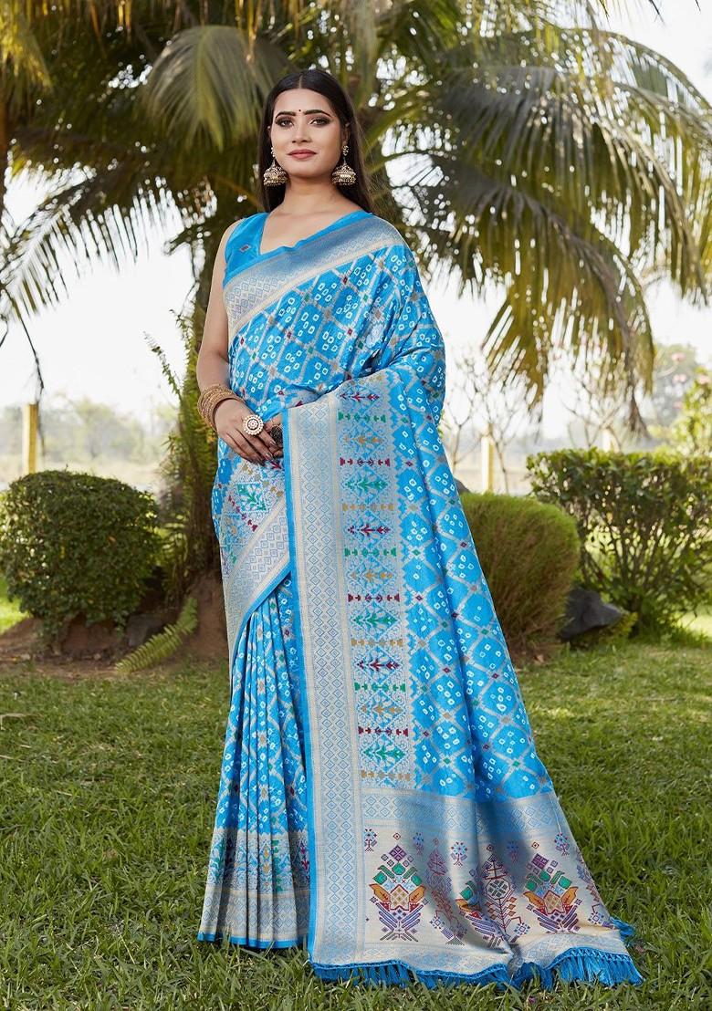 Turquoise Blue Woven Zari Pure Silk Bandhani Saree Set