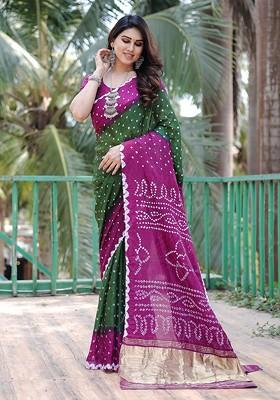 Purple Zari Pure Silk Bandhani Saree Set