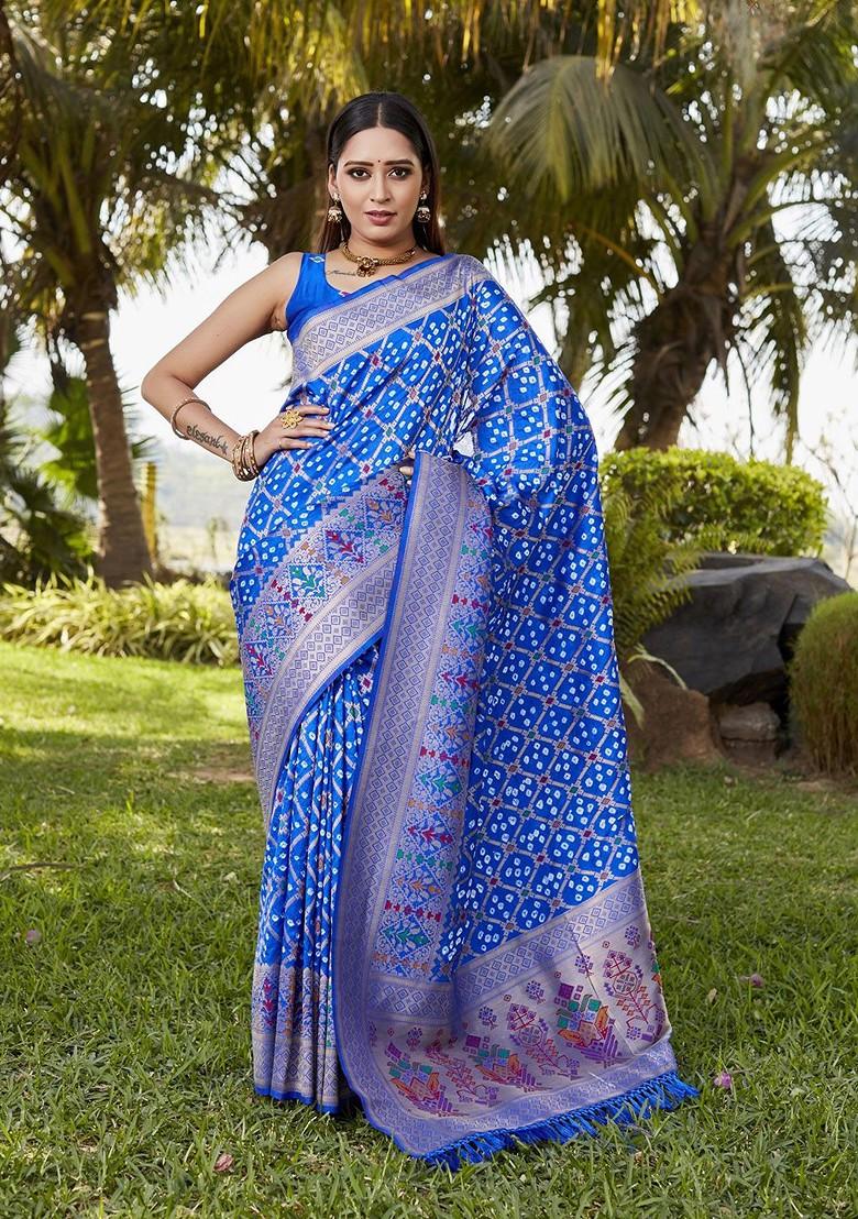 Blue Woven Zari Pure Silk Bandhani Saree Set