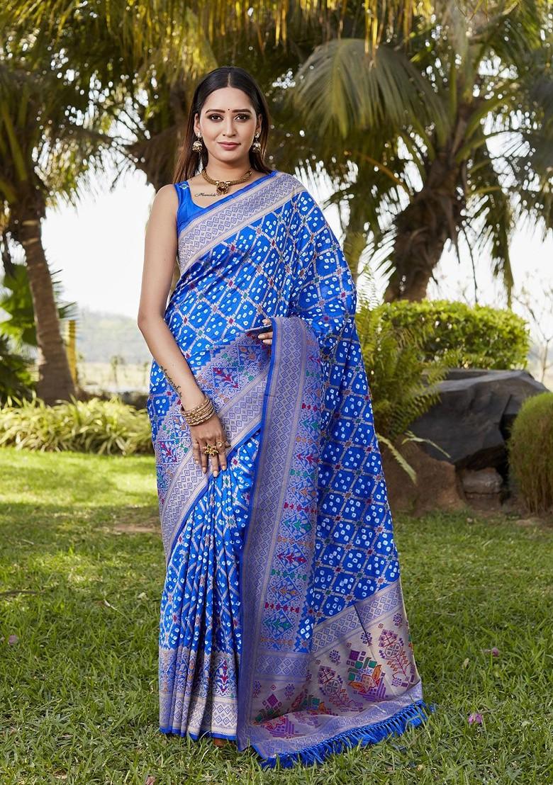 Blue Woven Zari Pure Silk Bandhani Saree Set
