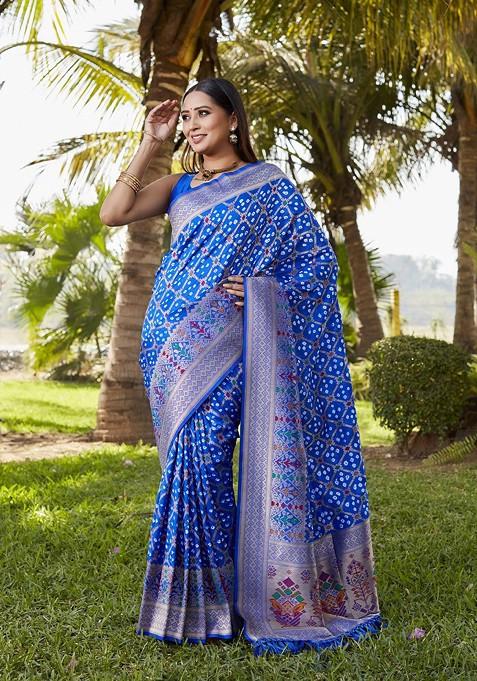 Blue Woven Zari Pure Silk Bandhani Saree Set