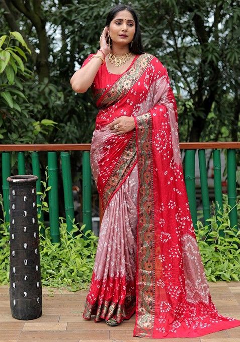 Rose Bandhani Print Zari Pure Silk Saree Set