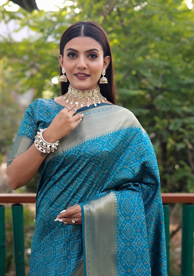 Blue Woven Pure Silk Bandhani Saree Set