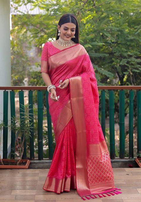 Pink Woven Zari Pure Silk Bandhani Saree Set