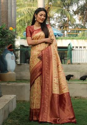 Cream Floral Zari Pure Kanjeevaram Silk Saree Set