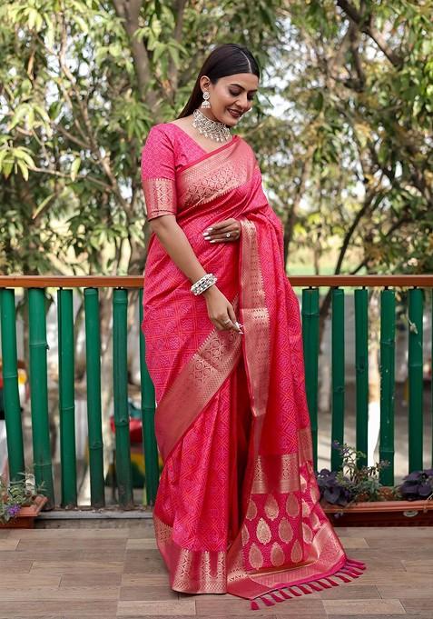Pink Woven Zari Pure Silk Bandhani Saree Set