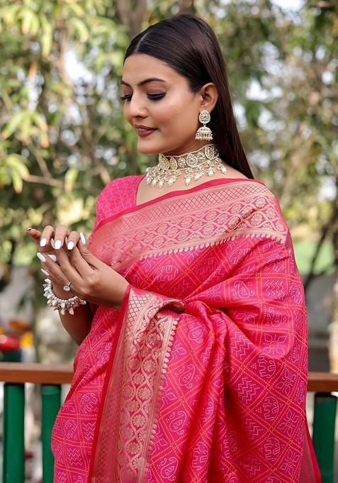 Pink Woven Zari Pure Silk Bandhani Saree Set