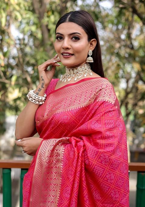 Pink Woven Zari Pure Silk Bandhani Saree Set