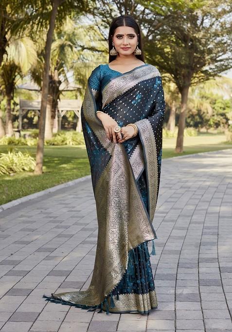 Teal Paisley Print Zari Kanjeevaram Saree Set