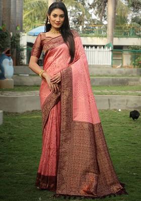 Peach Woven Pure Kanjeevaram Silk Saree Set