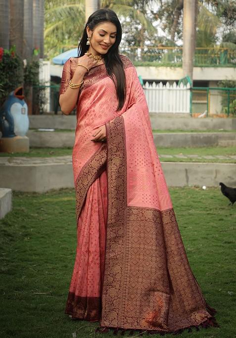 Women's Kanjeevaram Silk Peach Woven Design Celebrity Saree With Blouse Piece