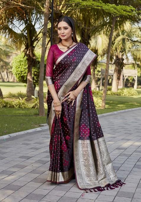 Purple Ethnic Motifs Satin Kanjeevaram Saree Set