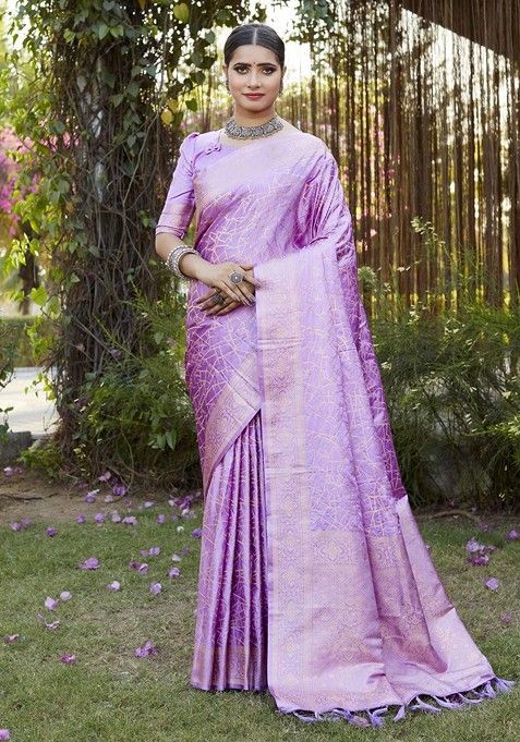 Lavender Woven Zari Pure Kanjeevaram Silk Saree Set