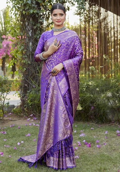 Lavender Woven Zari Pure Kanjeevaram Silk Saree Set