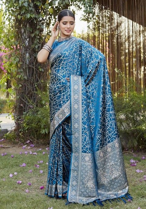 Teal Zari Pure Kanjeevaram Silk Saree Set