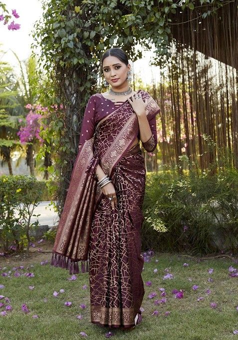 Burgundy Kanjeevaram Pure Silk Abstract Zari Saree Set