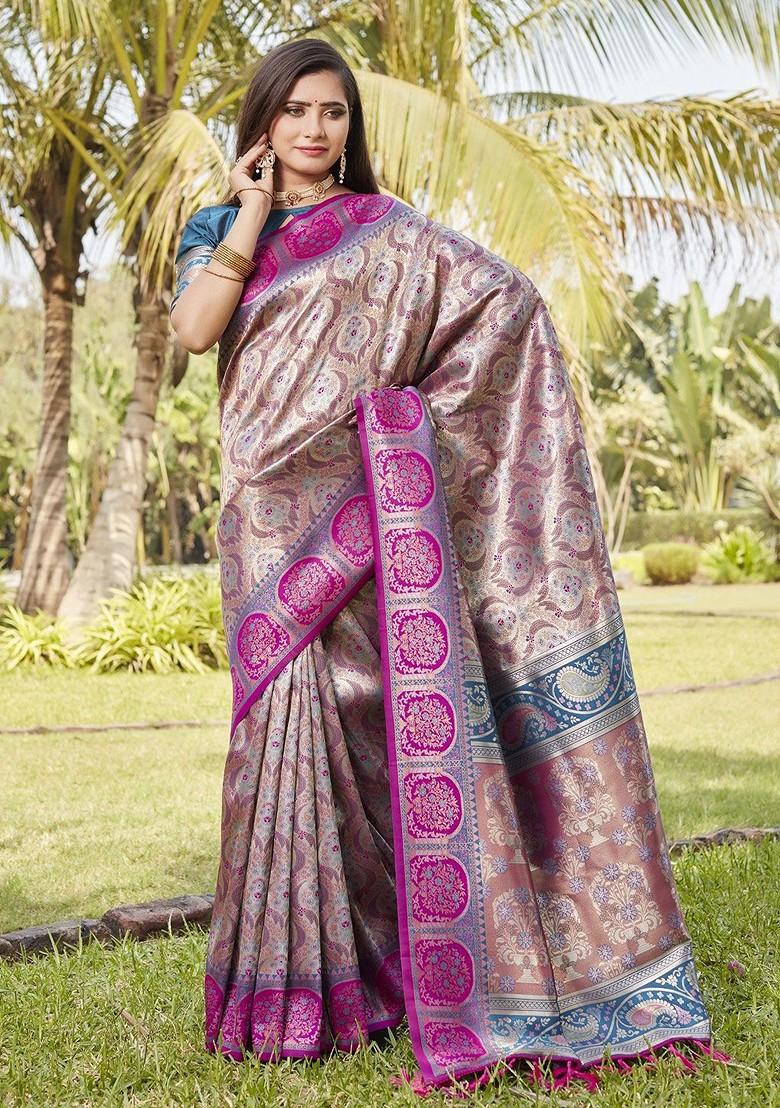 Beige Woven Zari Pure Kanjeevaram Silk Saree Set - Indya
