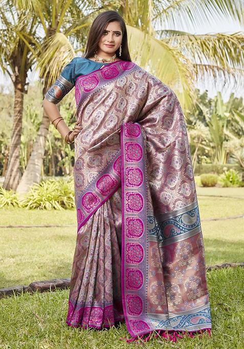 Beige Woven Zari Pure Kanjeevaram Silk Saree Set