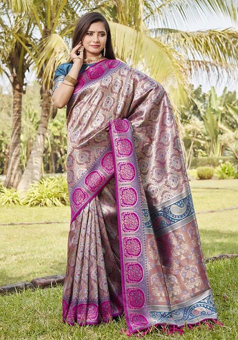 Beige Woven Zari Pure Kanjeevaram Silk Saree Set