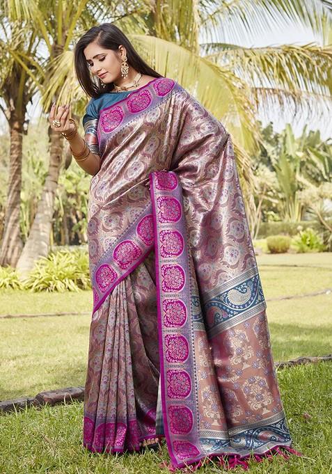 Beige Woven Zari Pure Kanjeevaram Silk Saree Set