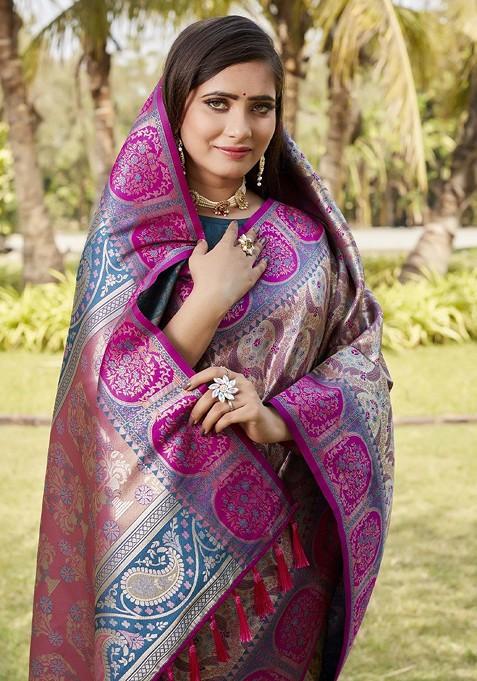 Beige Woven Zari Pure Kanjeevaram Silk Saree Set