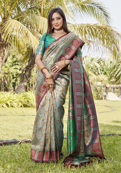 Beige Woven Zari Pure Kanjeevaram Silk Saree Set