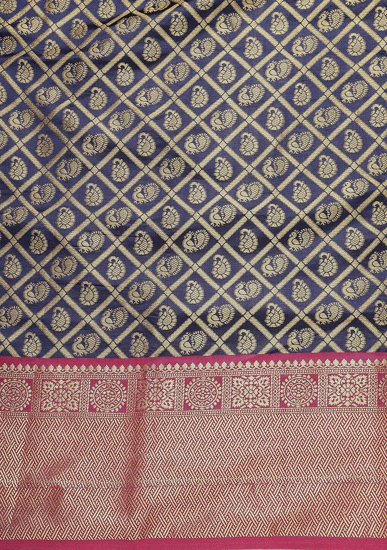 Navy Blue Woven Zari Pure Banarasi Silk Saree Set - Indya