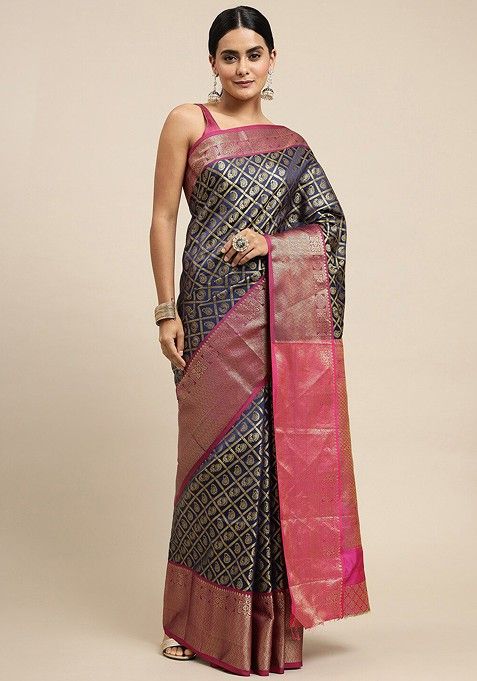 Navy Blue Woven Zari Pure Banarasi Silk Saree Set