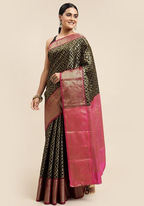 Black Woven Zari Pure Banarasi Silk Saree Set