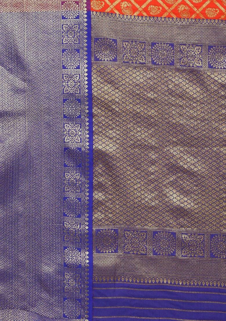 Orange Woven Zari Pure Banarasi Silk Saree Set