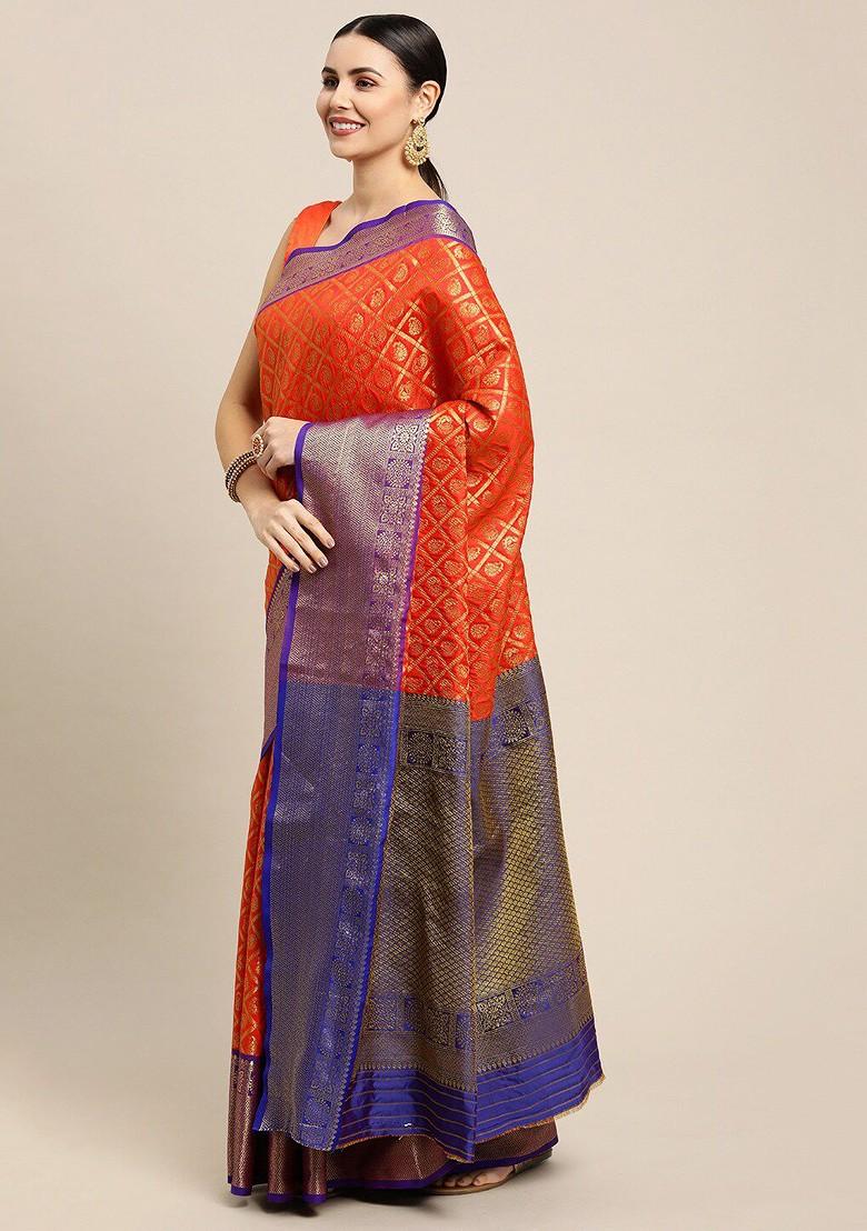 Orange Woven Zari Pure Banarasi Silk Saree Set