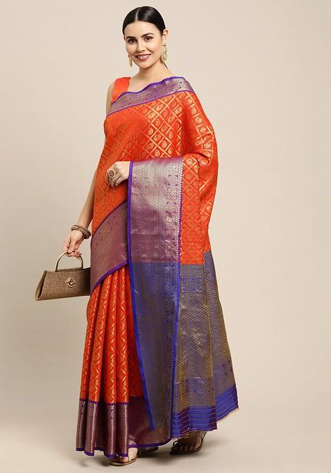 Orange Woven Zari Pure Banarasi Silk Saree Set