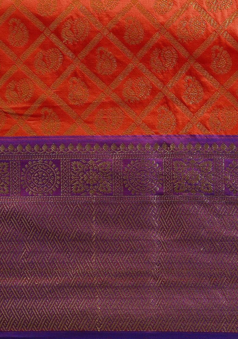 Red Ethnic Motifs Woven Zari Pure Banarasi Silk Saree Set