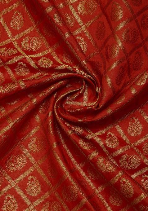 Red Ethnic Motifs Woven Zari Pure Banarasi Silk Saree Set