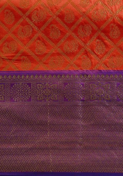 Red Ethnic Motifs Woven Zari Pure Banarasi Silk Saree Set