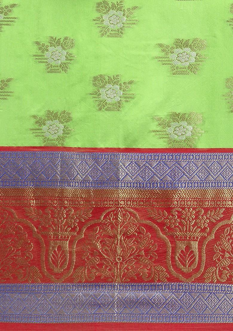 Lime Green Ethnic Motifs Woven Zari Pure Banarasi Silk Saree Set