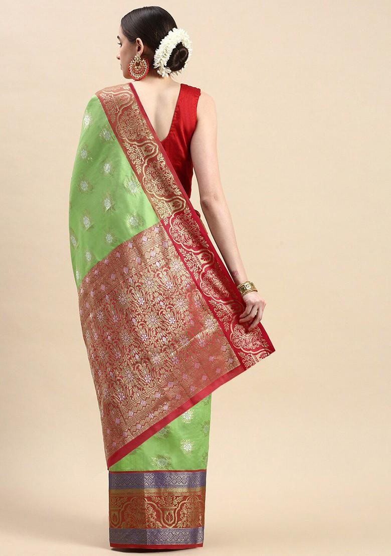 Lime Green Ethnic Motifs Woven Zari Pure Banarasi Silk Saree Set