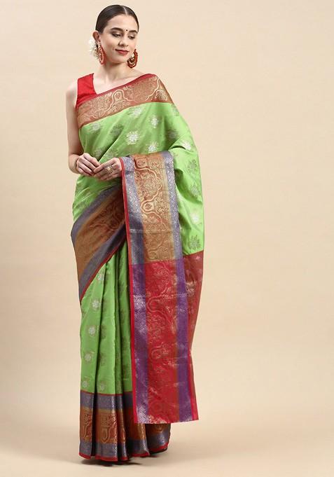 Lime Green Ethnic Motifs Woven Zari Pure Banarasi Silk Saree Set