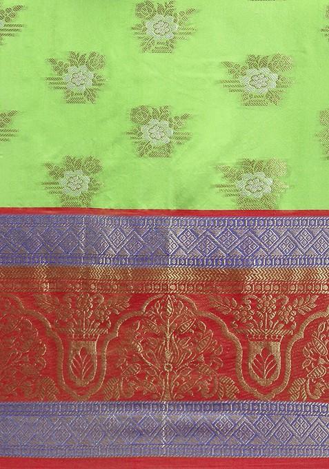 Lime Green Ethnic Motifs Woven Zari Pure Banarasi Silk Saree Set