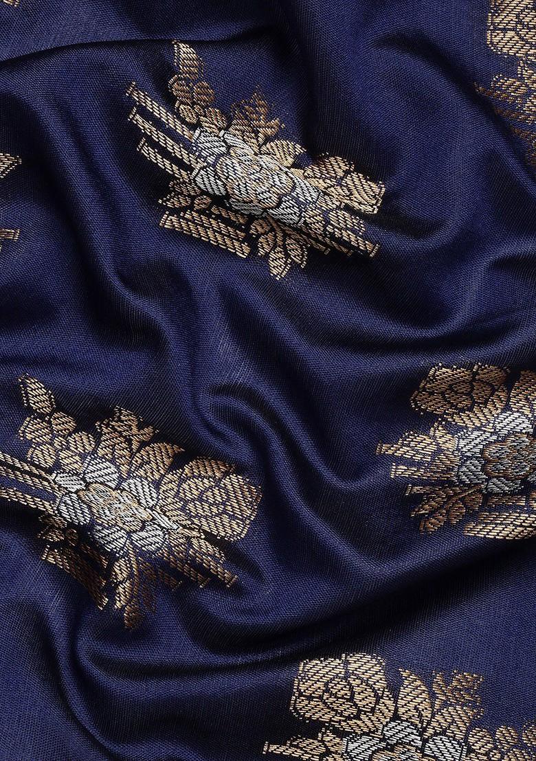 Blue Ethnic Motifs Woven Zari Pure Banarasi Silk Saree Set - Indya