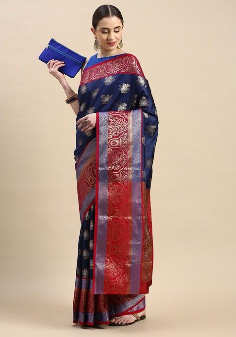 Blue Ethnic Motifs Woven Zari Pure Banarasi Silk Saree Set