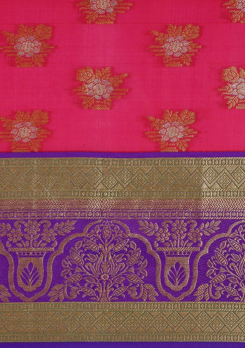 Pink Ethnic Motifs Woven Zari Pure Banarasi Silk Saree Set