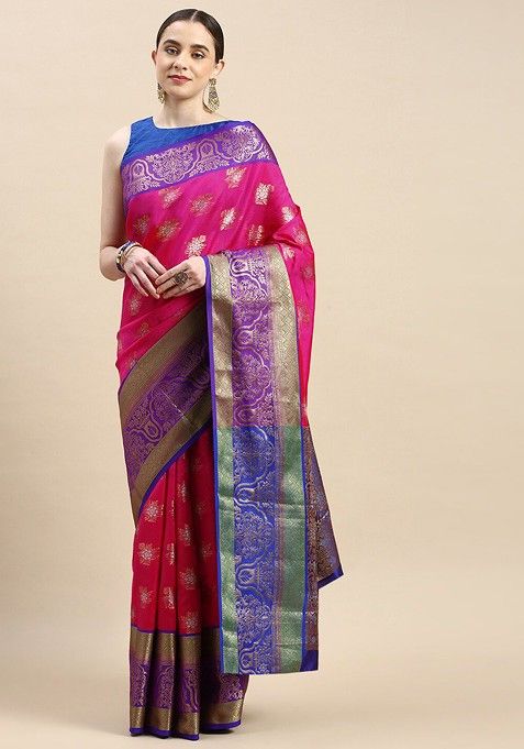 Pink Ethnic Motifs Woven Zari Pure Banarasi Silk Saree Set