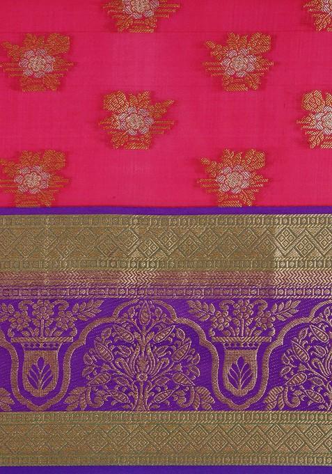 Pink Ethnic Motifs Woven Zari Pure Banarasi Silk Saree Set